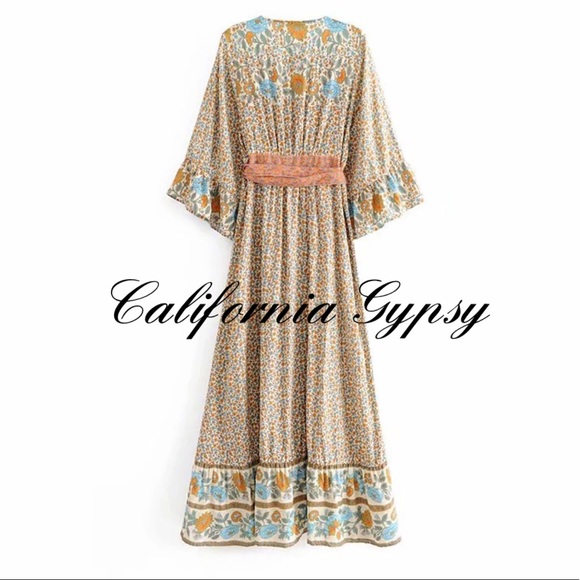 Boho Floral Gypsy Print Maxi Dress Kimono - Picture 14 of 16